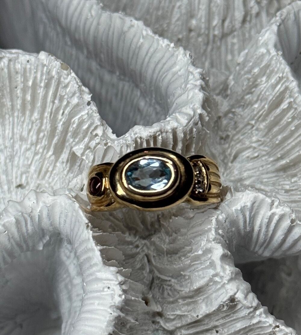 925 Sterling Silver Gold Plated Aquamarine, Garnet & CZ Ring Size 4